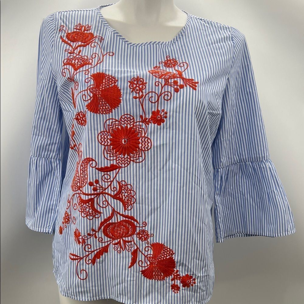 Crown & Ivy Blue Striped Blouse with Orange Floral Design